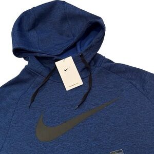 NEW NIKE HOODIE L THERMA FIT FLEECE SWISH LOGO ROYAL BLUE & BLACK